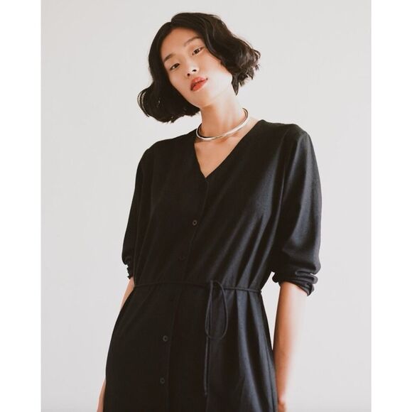 NWT Ozma Mal Pais Black Shirt Dress XS 100% Silk Noil Midi Minimalistic - Picture 1 of 13